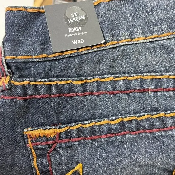 True Religion Bobby Relaxed Baggy Thick Stitch Dark Wash Jeans 40" x 32"